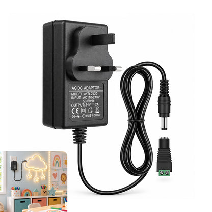 DC 24V Wall Plug LED Adapter 48W/72W, AC 100–240V Input Switching Wall Plug LED Adapter with UK Plug, Black Housing - for LED Strip Lights and Electronics