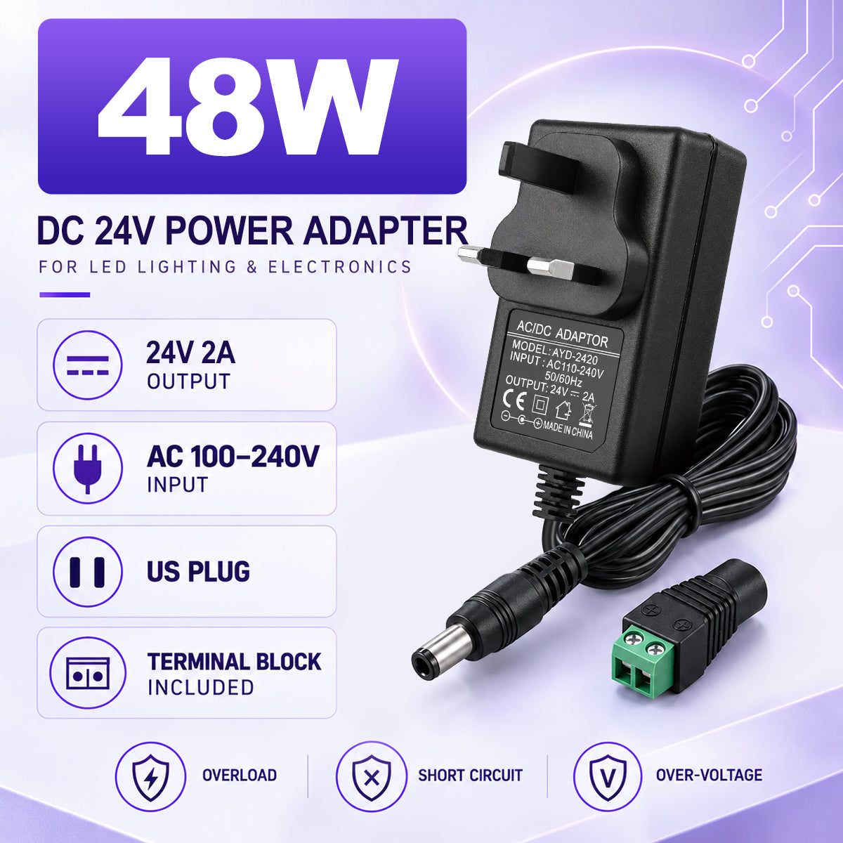 DC 24V Wall Plug LED Adapter 48W/72W, AC 100–240V Input Switching Wall Plug LED Adapter with UK Plug, Black Housing - for LED Strip Lights and Electronics