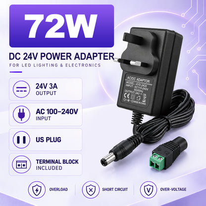 DC 24V Wall Plug LED Adapter 48W/72W, AC 100–240V Input Switching Wall Plug LED Adapter with UK Plug, Black Housing - for LED Strip Lights and Electronics