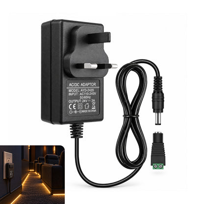 DC 24V Wall Plug LED Adapter 48W/72W, AC 100–240V Input Switching Wall Plug LED Adapter with UK Plug, Black Housing - for LED Strip Lights and Electronics