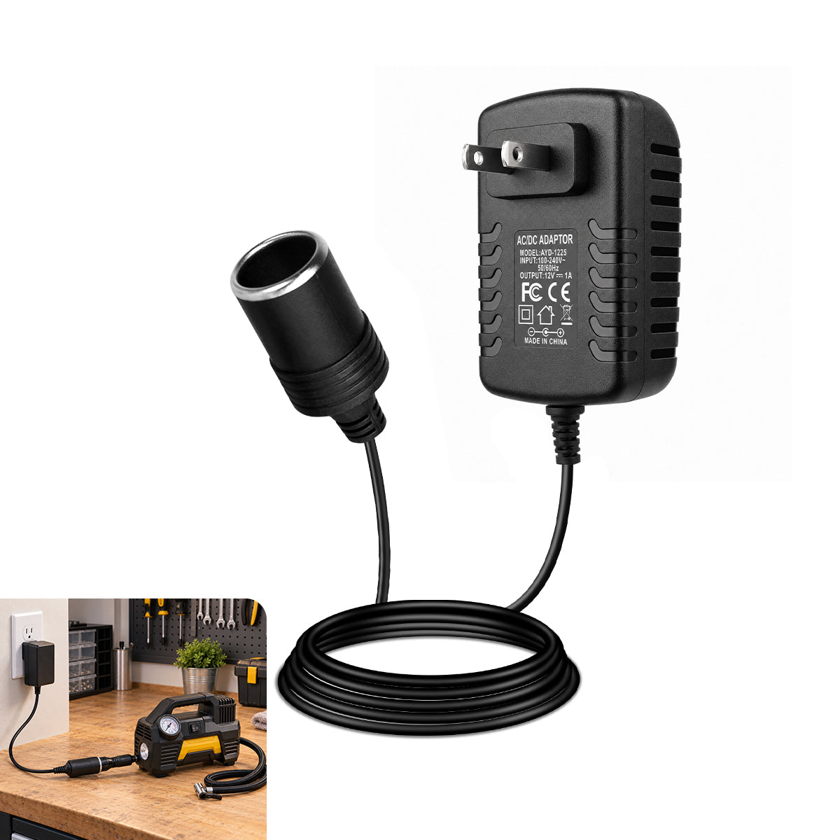 DC 12V Cigarette Lighter Power Supply Adapter 12W–36W, AC 100–240V Input Converter Transformer with US Plug - for Car Accessories, Pumps, Coolers and LED Lights
