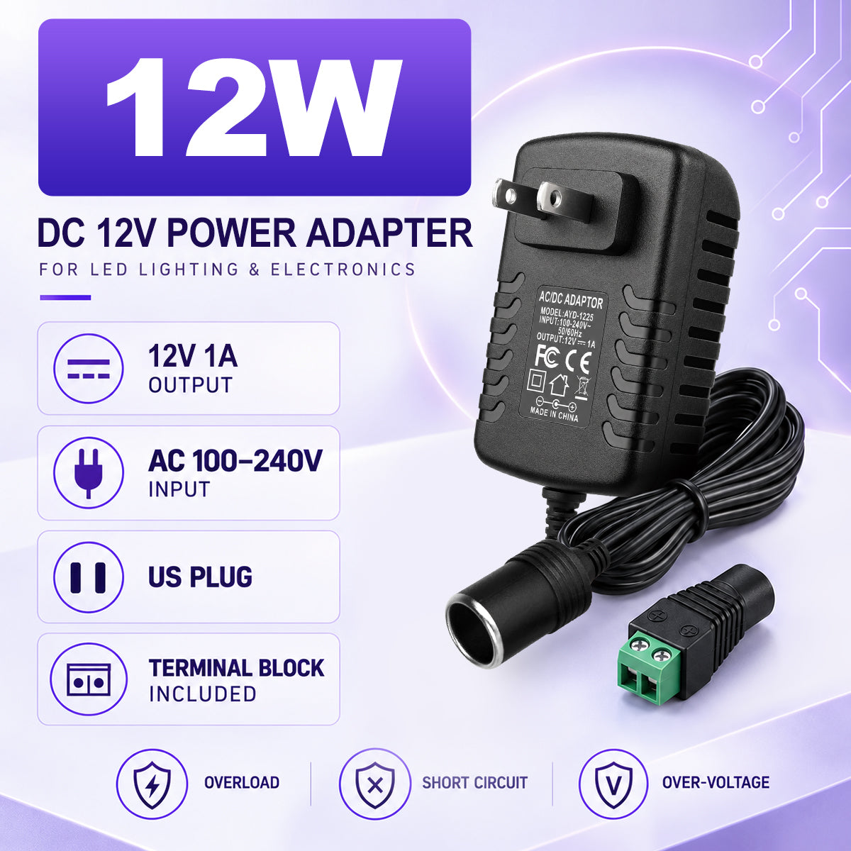 DC 12V Cigarette Lighter Power Supply Adapter 12W–36W, AC 100–240V Input Converter Transformer with US Plug - for Car Accessories, Pumps, Coolers and LED Lights