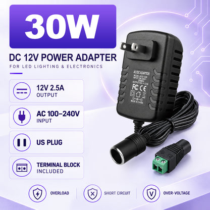 DC 12V Cigarette Lighter Power Supply Adapter 12W–36W, AC 100–240V Input Converter Transformer with US Plug - for Car Accessories, Pumps, Coolers and LED Lights