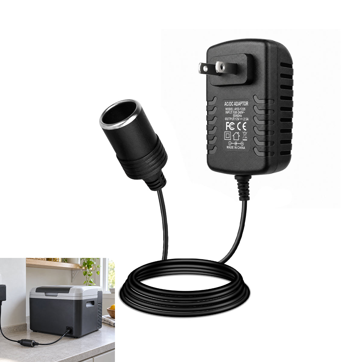 DC 12V Cigarette Lighter Power Supply Adapter 12W–36W, AC 100–240V Input Converter Transformer with US Plug - for Car Accessories, Pumps, Coolers and LED Lights
