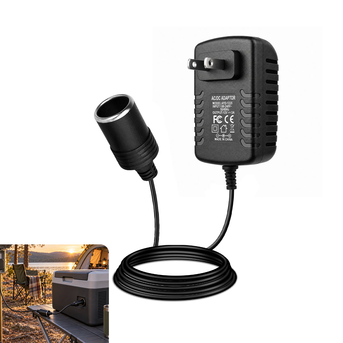DC 12V Cigarette Lighter Power Supply Adapter 12W–36W, AC 100–240V Input Converter Transformer with US Plug - for Car Accessories, Pumps, Coolers and LED Lights