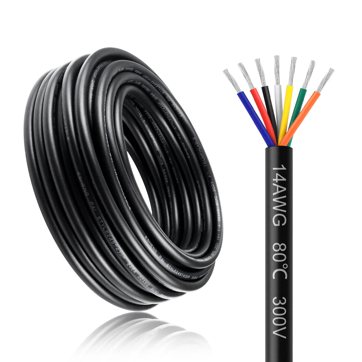 14 AWG 6/7/8 Conductor Stranded Tinned Copper Electrical Wire, Black/White PVC Multi-Core Control Cable – Industrial Flexible Wire for Electrical Systems – 50m / 500m (10 Rolls Available)