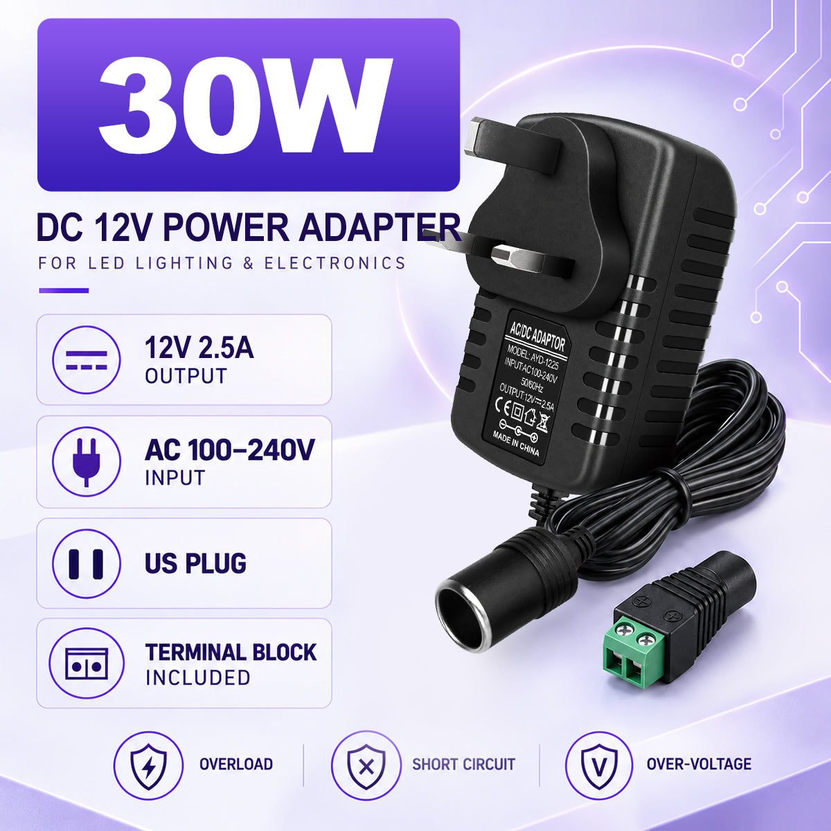 DC 12V Cigarette Lighter Power Supply Adapter 30W, AC 100–240V Input Converter Transformer with UK Plug - for Car Accessories, Pumps, Coolers and LED Lights