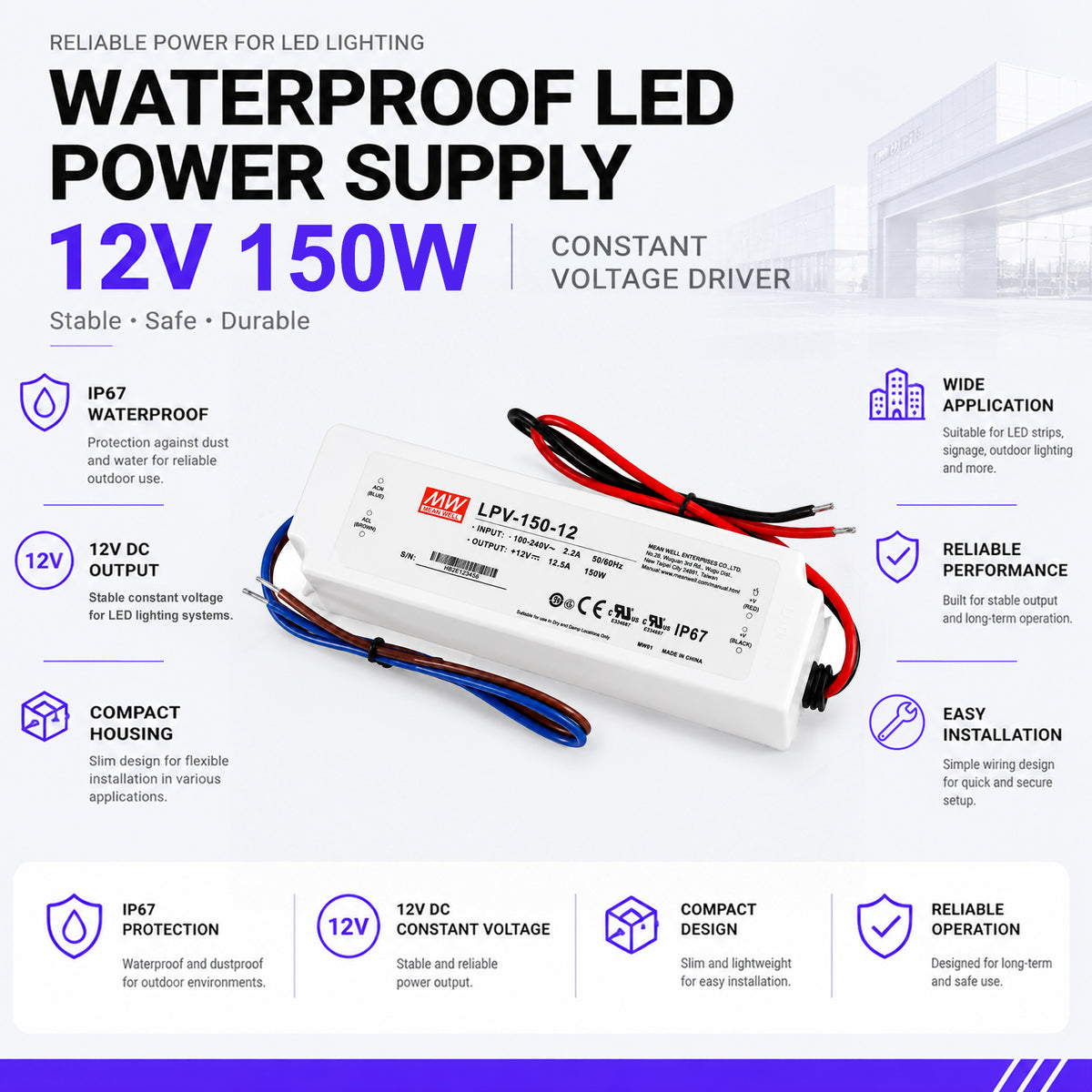 MEANWELL LPV Series 12V IP67 Waterproof Switching Power Supply, 35W–150W, AC90-264V Input, UL/CE Certified, Plastic Housing, Outdoor Lighting Projects, 1-Pack / 10-Pack