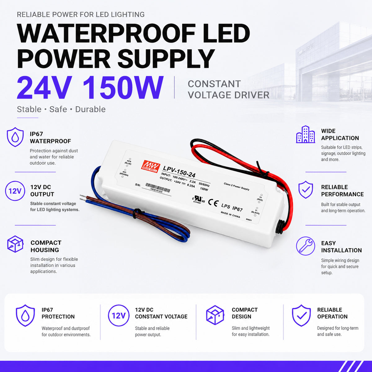 MEANWELL LPV Series 24V IP67 Waterproof Switching Power Supply, 35W–150W, AC90-264V Input, UL/CE Certified, Plastic Housing, Outdoor Lighting Projects, 1-Pack / 10-Pack