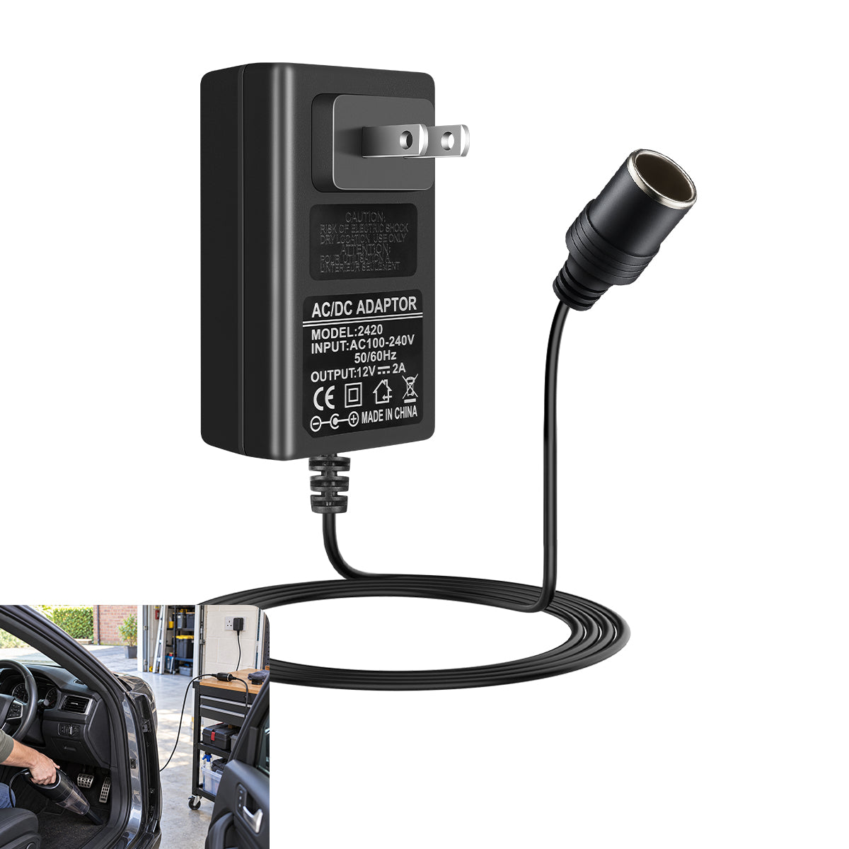 DC 12V Cigarette Lighter Power Supply Adapter 24W/36W, AC 100–240V Input Converter Transformer with US Plug - for Car Accessories, Pumps, Coolers and LED Lights