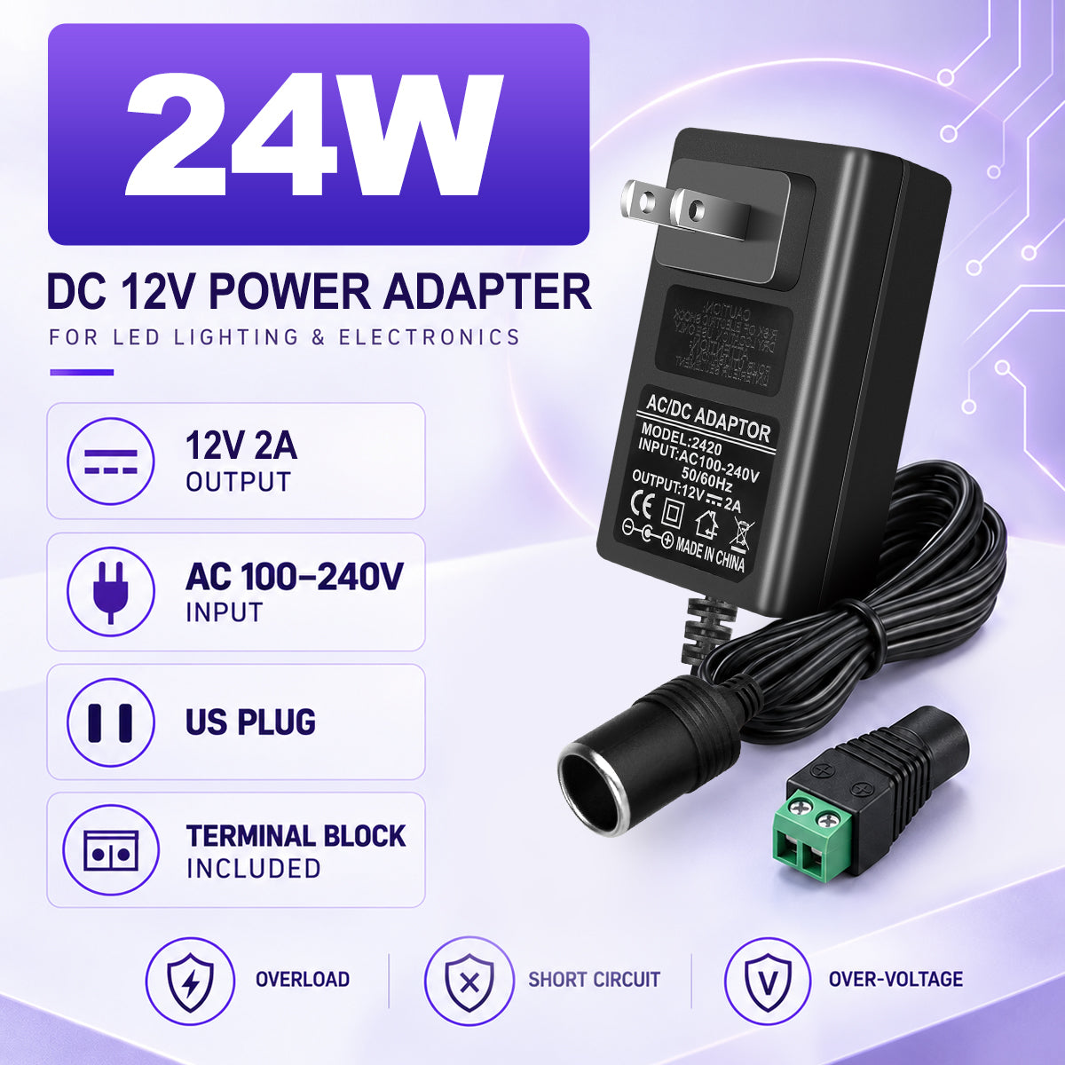 DC 12V Cigarette Lighter Power Supply Adapter 24W/36W, AC 100–240V Input Converter Transformer with US Plug - for Car Accessories, Pumps, Coolers and LED Lights