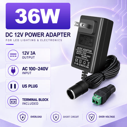 DC 12V Cigarette Lighter Power Supply Adapter 24W/36W, AC 100–240V Input Converter Transformer with US Plug - for Car Accessories, Pumps, Coolers and LED Lights