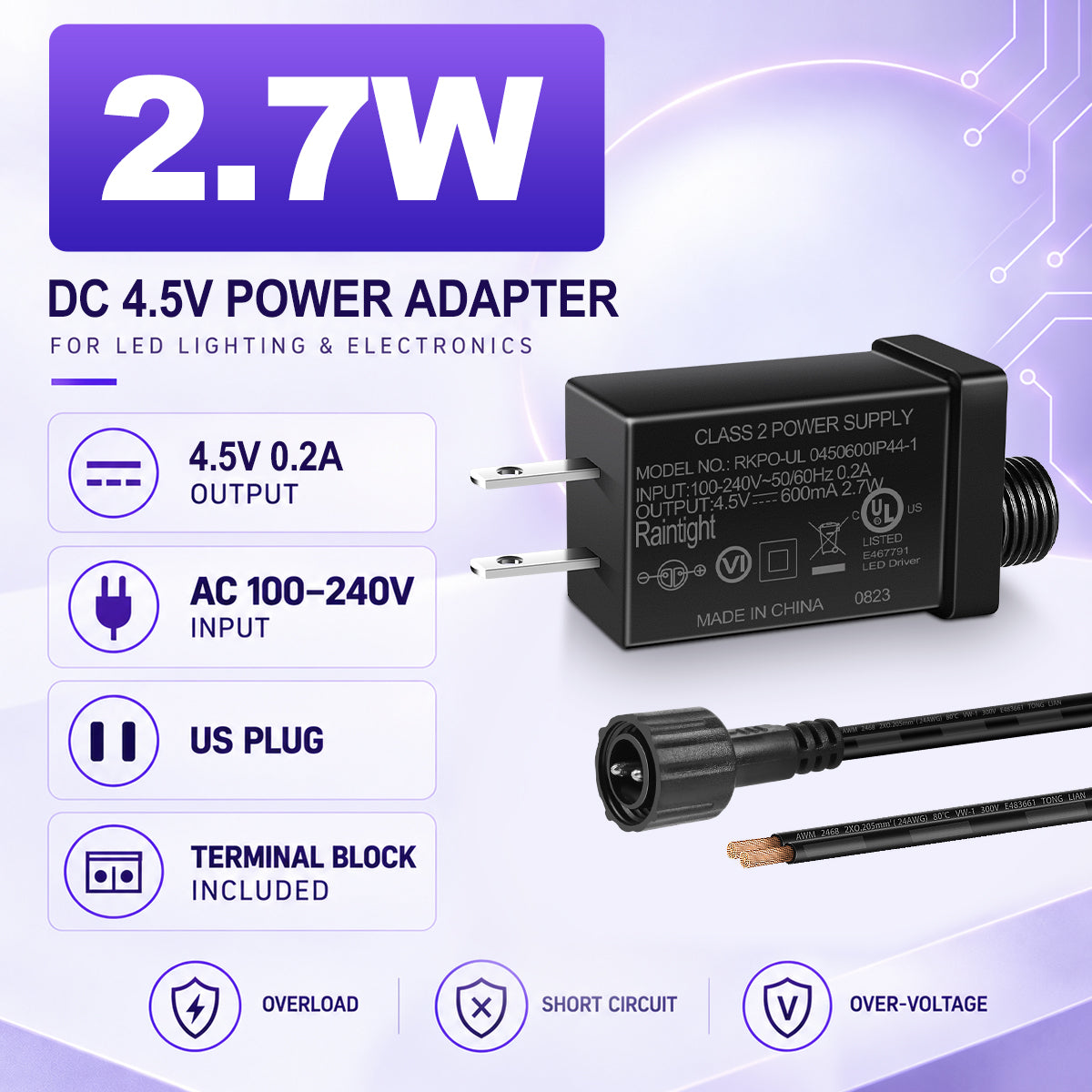 2.7W IP44 Class 2 Power Supply, AC 100–240V to DC 4.5V Adapter Transformer with US Plug - Waterproof Outdoor LED Power Supply for String Lights, Inflatable Decorations and Holiday Lighting