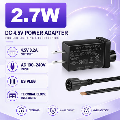 2.7W IP44 Class 2 Power Supply, AC 100–240V to DC 4.5V Adapter Transformer with US Plug - Waterproof Outdoor LED Power Supply for String Lights, Inflatable Decorations and Holiday Lighting