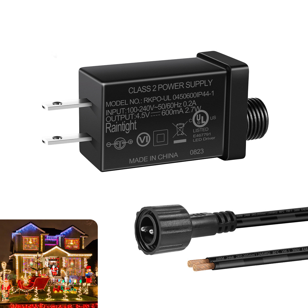2.7W IP44 Class 2 Power Supply, AC 100–240V to DC 4.5V Adapter Transformer with US Plug - Waterproof Outdoor LED Power Supply for String Lights, Inflatable Decorations and Holiday Lighting