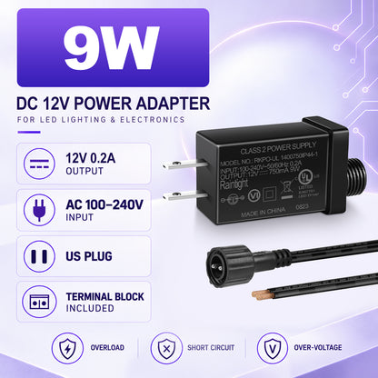 9W/12W/15W IP44 Class 2 Power Supply, AC 100–240V to DC 12V Adapter Transformer with US Plug - Waterproof Outdoor LED Power Supply for String Lights, Christmas Decorations and Outdoor Lighting