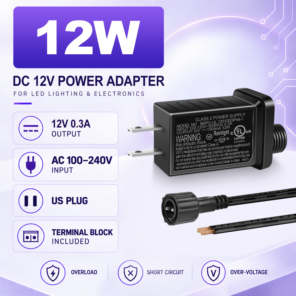9W/12W/15W IP44 Class 2 Power Supply, AC 100–240V to DC 12V Adapter Transformer with US Plug - Waterproof Outdoor LED Power Supply for String Lights, Christmas Decorations and Outdoor Lighting
