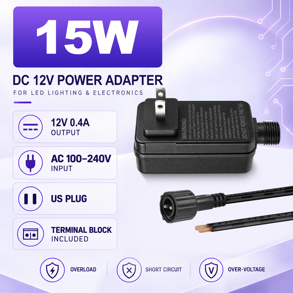 9W/12W/15W IP44 Class 2 Power Supply, AC 100–240V to DC 12V Adapter Transformer with US Plug - Waterproof Outdoor LED Power Supply for String Lights, Christmas Decorations and Outdoor Lighting