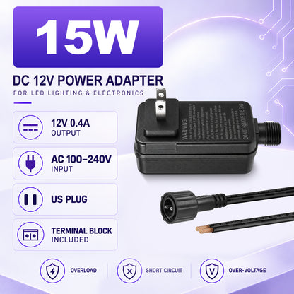 9W/12W/15W IP44 Class 2 Power Supply, AC 100–240V to DC 12V Adapter Transformer with US Plug - Waterproof Outdoor LED Power Supply for String Lights, Christmas Decorations and Outdoor Lighting