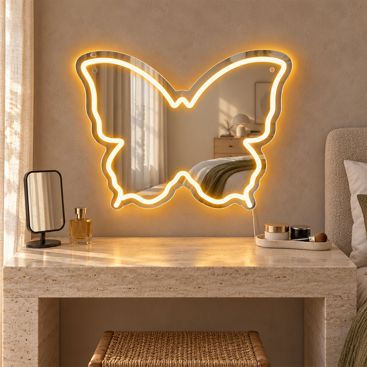 Warm White Butterfly LED Vanity Signs – 15.7×12 inch  Neon Outline | USB Powered | Perfect for Vanity Decor