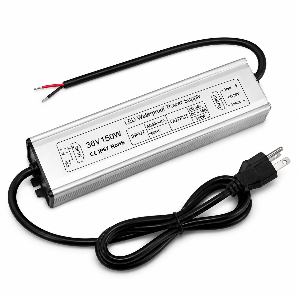 150W Outdoor Waterproof Power Supplies, 12V/24V/36V/48V Output, 90-265V / 90-140V / 175-265V Input, Single Output, Aluminum Housing, Outdoor Lighting Projects, CE/RoHS/FCC Certified, US/UK/EU Plug, 1-Pack / 10-Pack