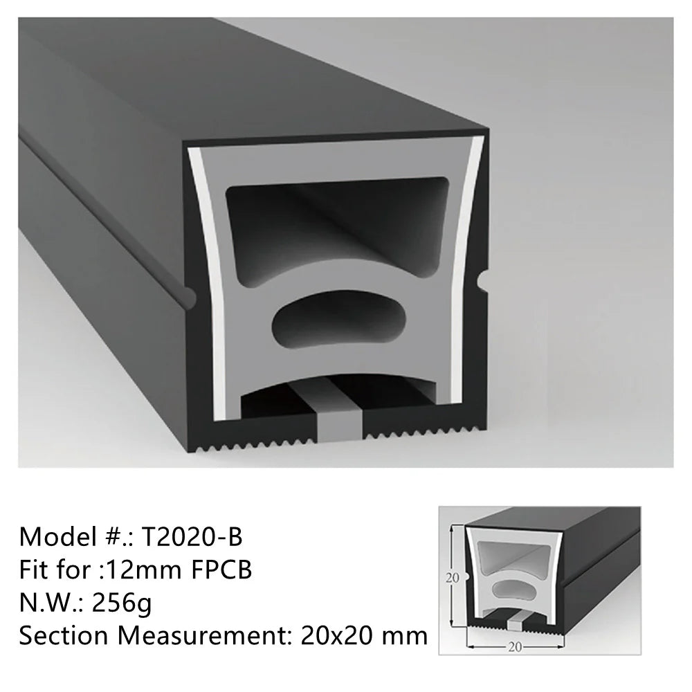 Neon Light Housing – S2020 Black | 20x20mm Silicone LED Channel System | IP67 Waterproof | 12mm PCB Width | 50M/5M | Local Stock US/UK/DE