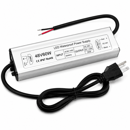 60W Outdoor Waterproof Power Supplies, 12V/24V/36V/48V Output, 90-265V / 90-140V Input, Single Output, Aluminum Housing, Outdoor Lighting Projects, CE/RoHS/FCC Certified, US/UK/EU Plug, 1-Pack / 10-Pack