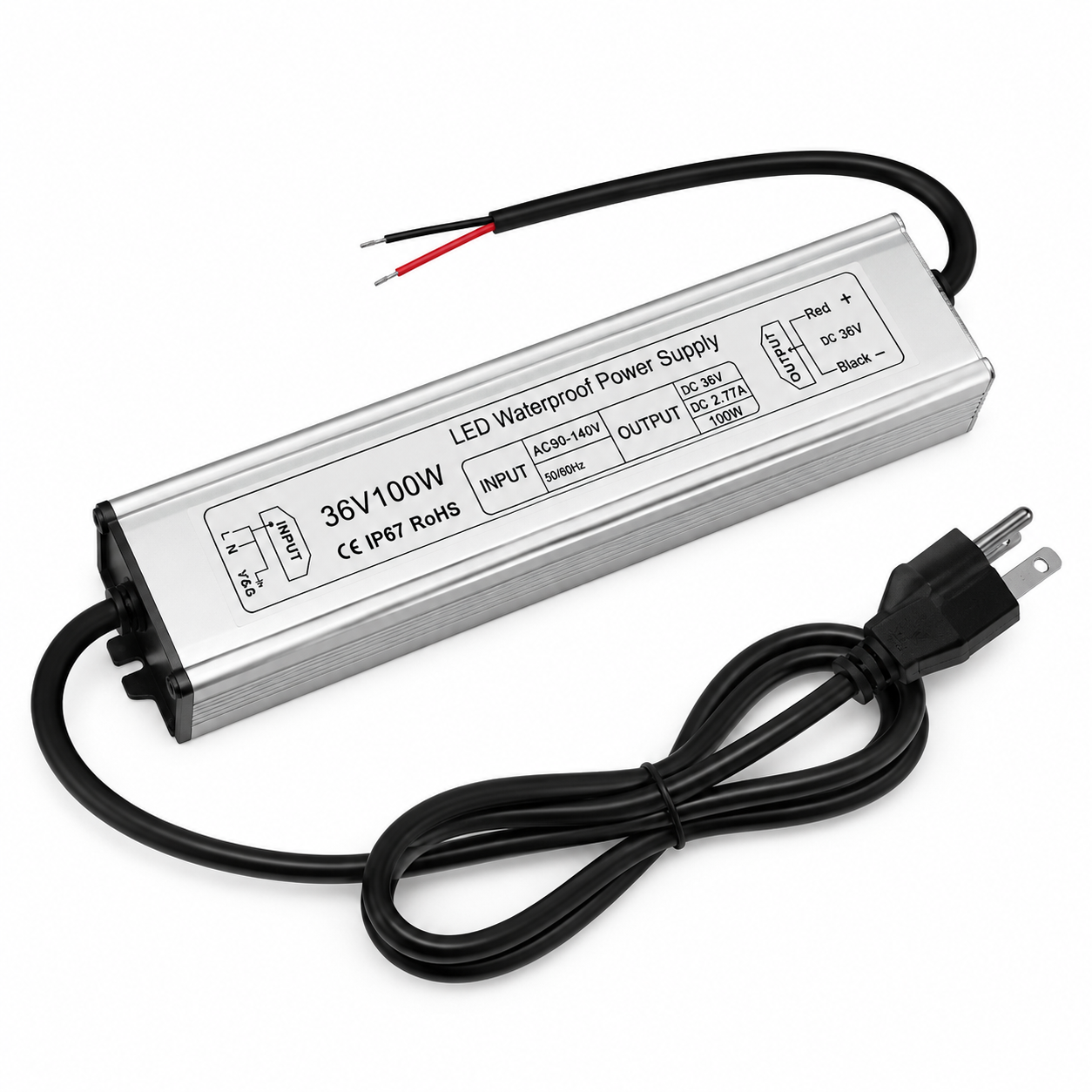 100W Outdoor Waterproof Power Supplies, 12V/24V/36V/48V Output, 90-265V / 90-140V / 175-265V Input, Single Output, Aluminum Housing, Outdoor Lighting Projects, CE/RoHS/FCC Certified, US/UK/EU Plug, 1-Pack / 10-Pack
