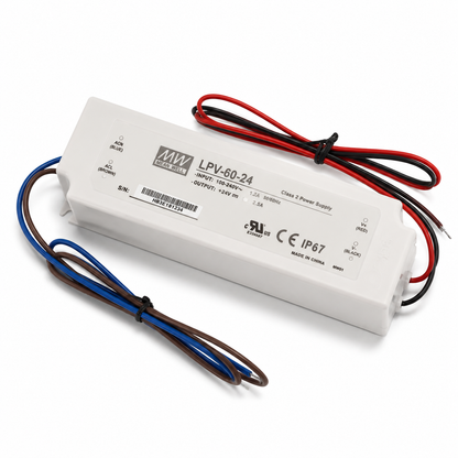MEANWELL LPV Series 24V IP67 Waterproof Switching Power Supply, 35W–150W, AC90-264V Input, UL/CE Certified, Plastic Housing, Outdoor Lighting Projects, 1-Pack / 10-Pack