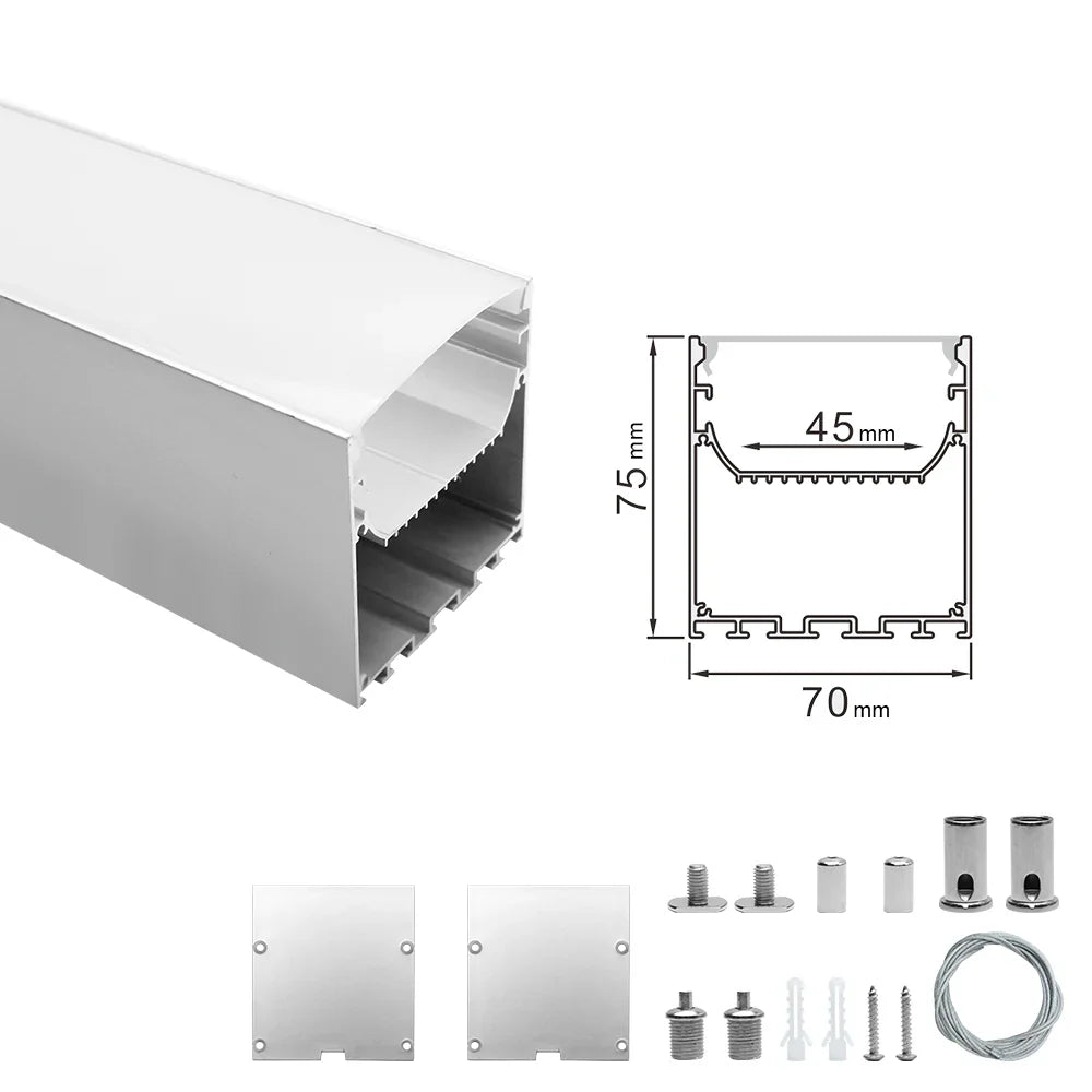 Wide Pendant LED Aluminum Profile Light H7075B – 45mm Inner Width | Silver Housing | Milky White Cover | With Installation Accessories | Suspension Mounting Linear Office Lighting | 1m / 2m Length | 10 / 20-Pack