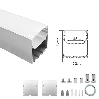 Wide Pendant LED Aluminum Profile Light H7075B – 45mm Inner Width | Silver Housing | Milky White Cover | With Installation Accessories | Suspension Mounting Linear Office Lighting | 1m / 2m Length | 10 / 20-Pack