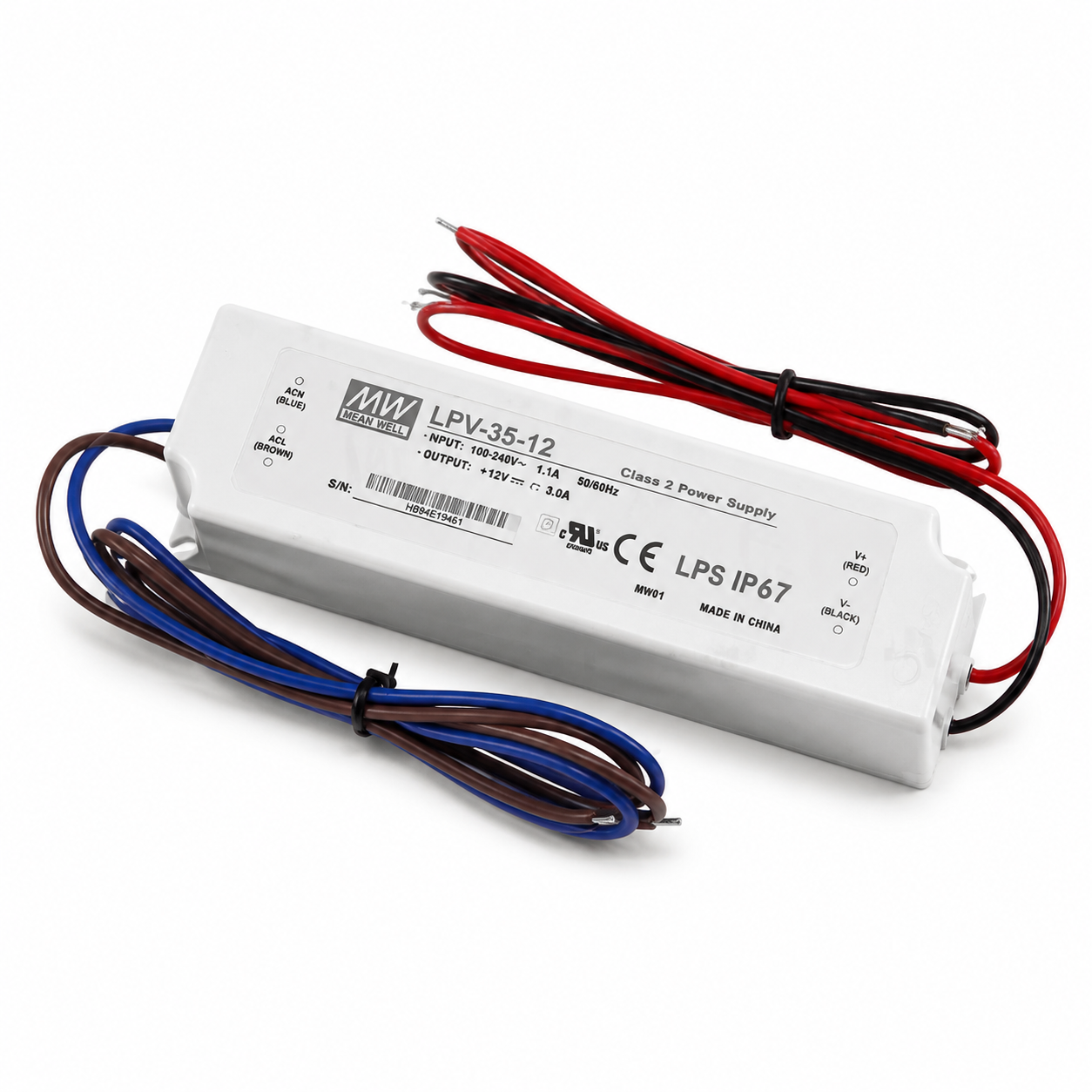 MEANWELL LPV Series 12V IP67 Waterproof Switching Power Supply, 35W–150W, AC90-264V Input, UL/CE Certified, Plastic Housing, Outdoor Lighting Projects, 1-Pack / 10-Pack