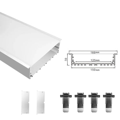 Wide Recessed LED Aluminum Profiles Kit H15050B – 125mm Inner Width | Silver | Milky White Cover | With Installation Accessories | Linear Flush-Mount Office Lighting – 1m / 2m | 10 / 20-Pack
