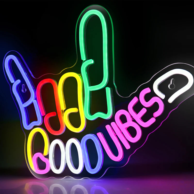 LightingWill "Good Vibes" Neon Sign – Dimmable LED Finger Light, USB Powered Wall Decor for Game Rooms, Bars, Weddings & More