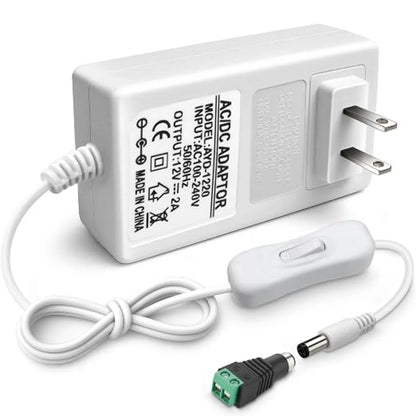 DC 12V Wall Plug LED Adapter with On/Off Switch, 24W/36W Options, US Plug, White Housing, 100–240V AC Input Wall Plug LED Adapter - for LED Strip Lights and Electronic Devices