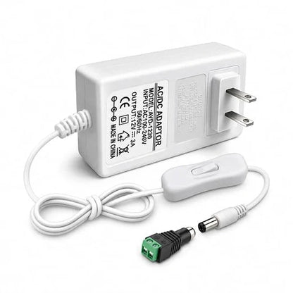DC 12V Wall Plug LED Adapter with On/Off Switch, 24W/36W Options, US Plug, White Housing, 100–240V AC Input Wall Plug LED Adapter - for LED Strip Lights and Electronic Devices
