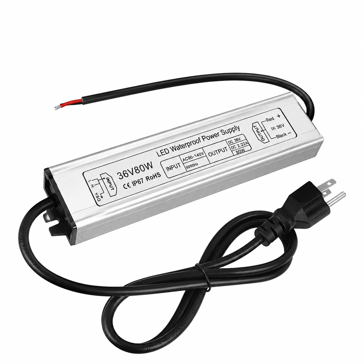 80W Outdoor Waterproof Power Supplies, 12V/24V/36V/48V Output, 90-265V Input, Single Output, Aluminum Housing, Outdoor Lighting Projects, CE/RoHS/FCC Certified, US/UK/EU Plug, 1-Pack / 10-Pack