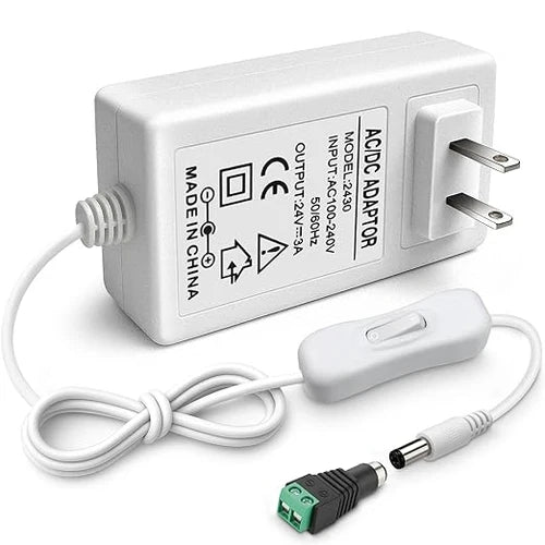 DC 24V Wall Plug LED Adapter with On/Off Switch, 48W/72W Options, US Plug, Black/White Housing, 100–240V AC Input Wall Plug LED Adapter - for LED Strip Lights and Electronics