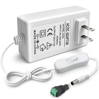 DC 24V Wall Plug LED Adapter with On/Off Switch, 48W/72W Options, US Plug, Black/White Housing, 100–240V AC Input Wall Plug LED Adapter - for LED Strip Lights and Electronics