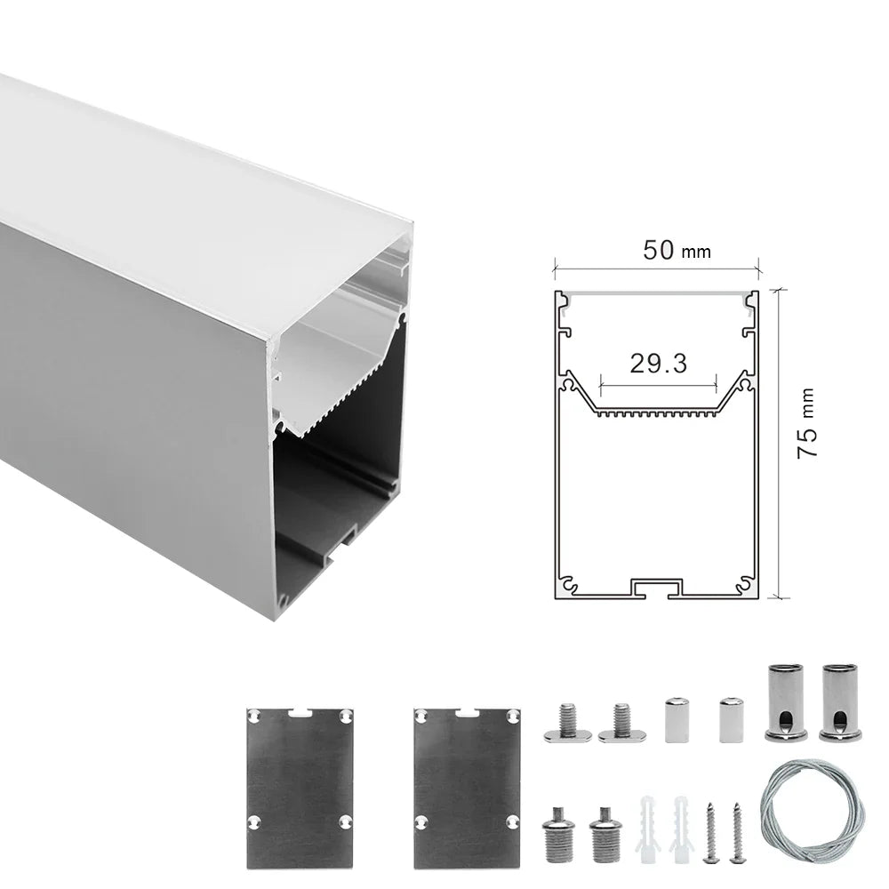 Wide Pendant LED Aluminum Profile Light H5075B – 29.3mm Inner Width | Silver Housing | Milky White Cover | With Installation Accessories | Suspension Mounting Linear Office Lighting | 1m / 2m Length | 10 / 20-Pack