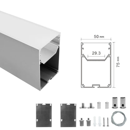 Wide Pendant LED Aluminum Profile Light H5075B – 29.3mm Inner Width | Silver Housing | Milky White Cover | With Installation Accessories | Suspension Mounting Linear Office Lighting | 1m / 2m Length | 10 / 20-Pack