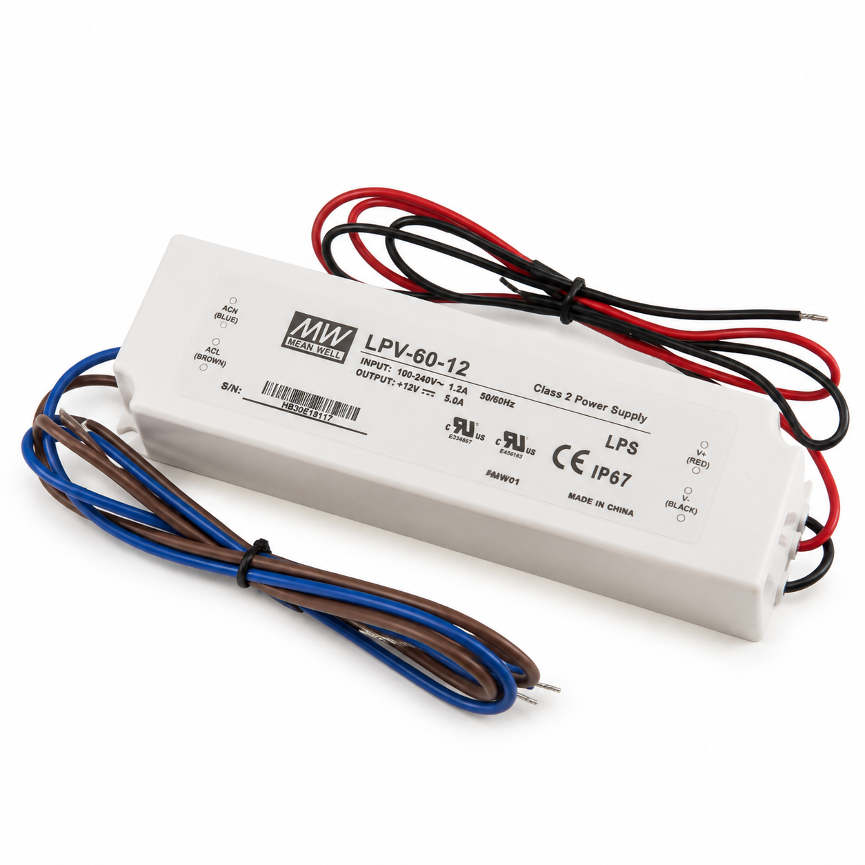 MEANWELL LPV Series 12V IP67 Waterproof Switching Power Supply, 35W–150W, AC90-264V Input, UL/CE Certified, Plastic Housing, Outdoor Lighting Projects, 1-Pack / 10-Pack
