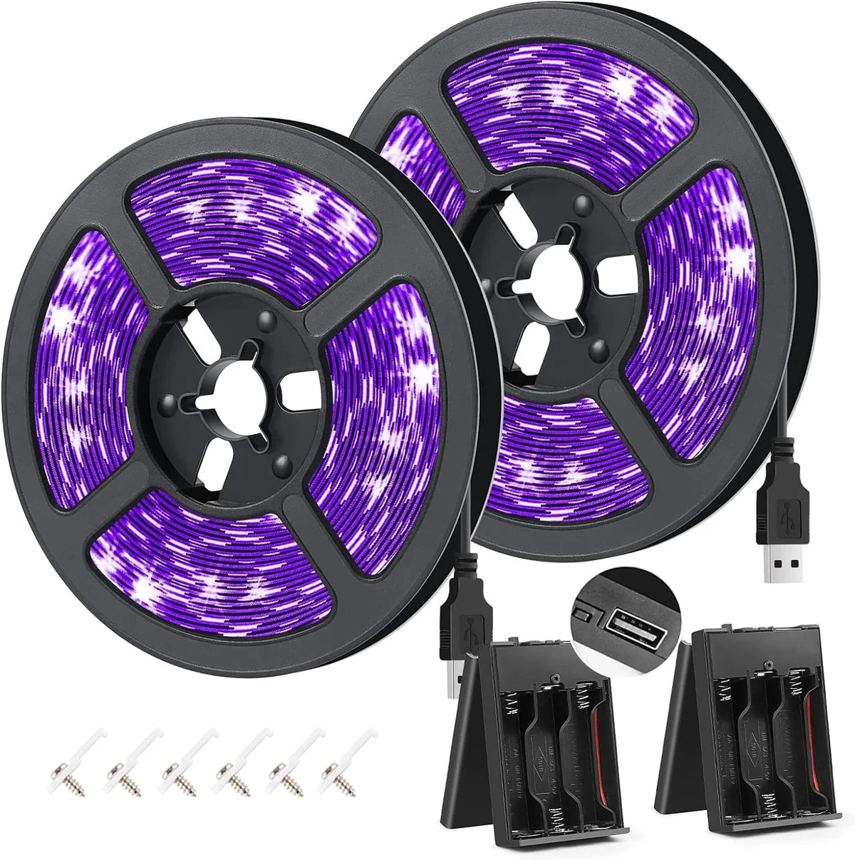 8.2FT UV Black Light LED Strip – SMD3528 | 380–400nm | USB Powered UV Light Strip with Battery Box | Non-Waterproof | For UV Glow Events, Neon Art and Decorative Lighting (2 Pack)