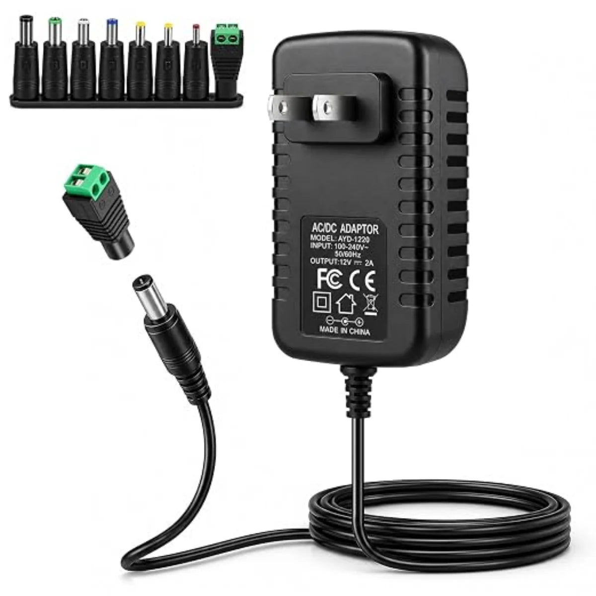 12V 24W Wall Plug LED Adapter, AC 100–240V Input Black Housing with US Plug Power Supply - for LED Strip Lights, Routers and Electronic Devices