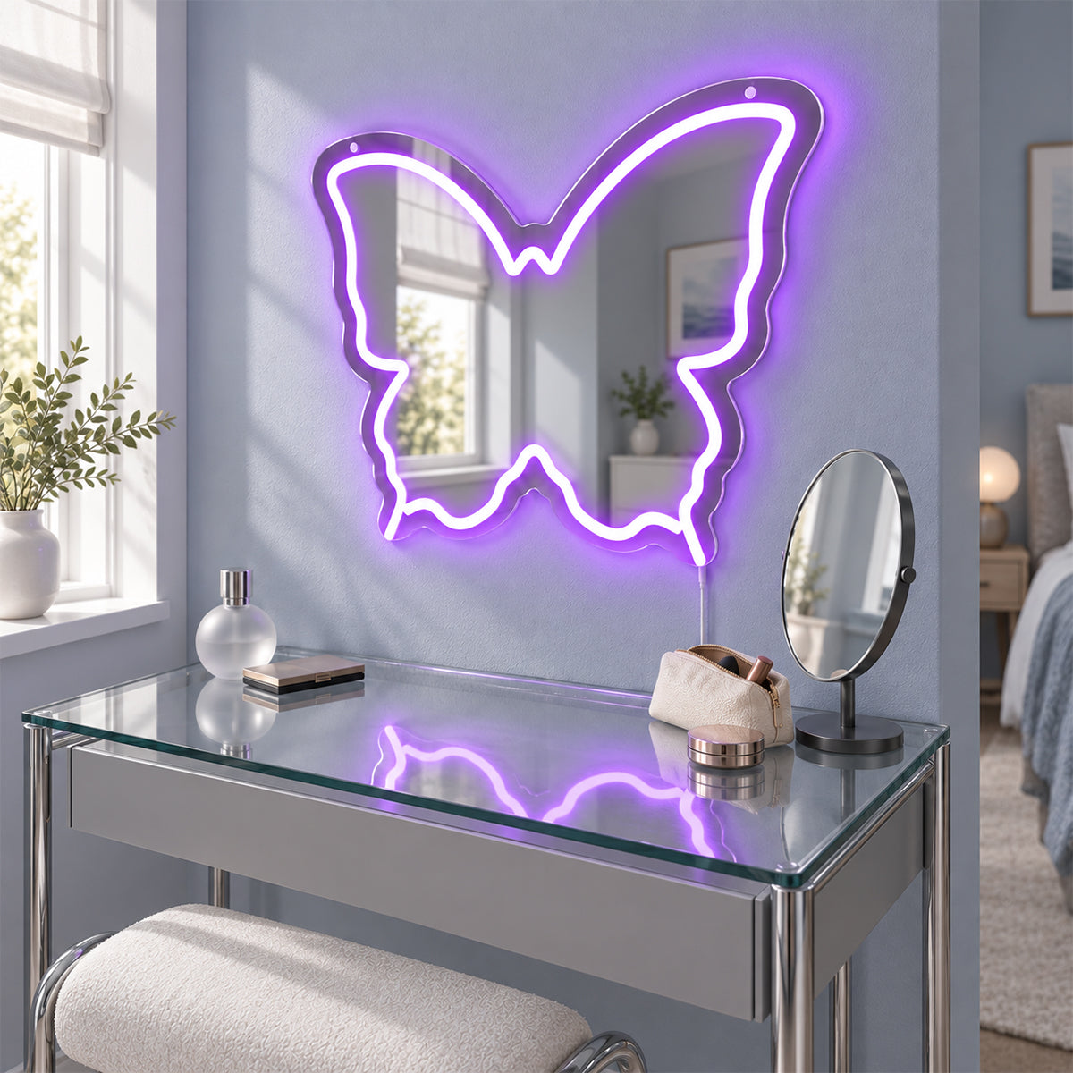 Purple Butterfly LED Vanity Signs – 15.7×12 inch  Neon Outline | USB Powered | Perfect for Vanity Decor