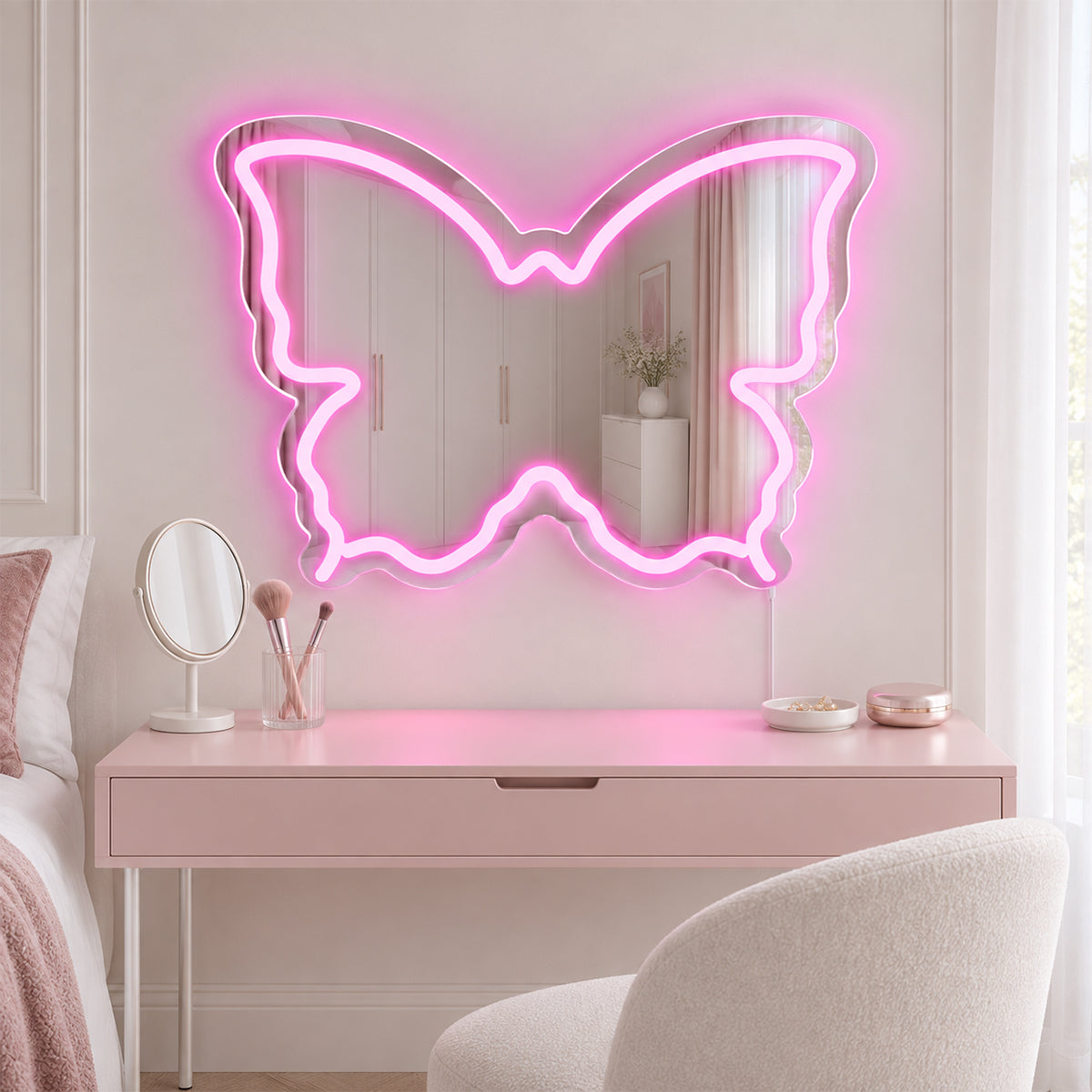 Pink Butterfly LED Vanity Signs – 15.7×12 inch  Neon Outline | USB Powered | Perfect for Vanity Decor