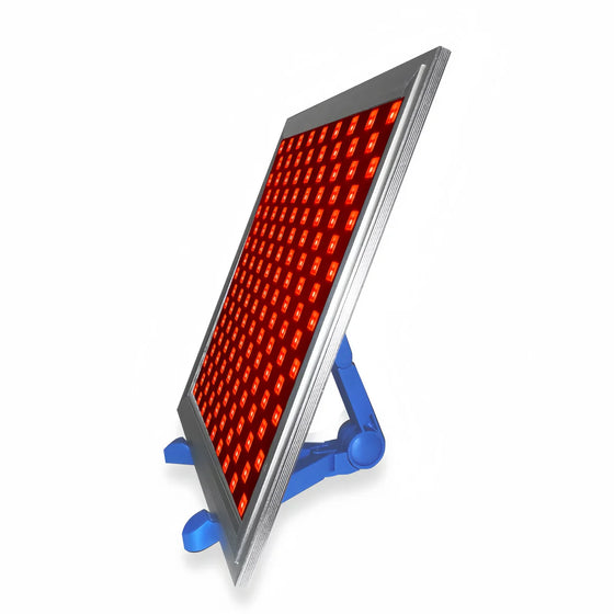 50W Infrared Therapy Lamp – Red Light 655–665nm & IR 850–860nm | Dimmable & Timer | AC100–240V | Aluminum Alloy + PC Cover | for Skin & Muscle | Blue Stand / Desktop Stand | Included Controller, Protective Goggles | US / EU / UK / AU Plug