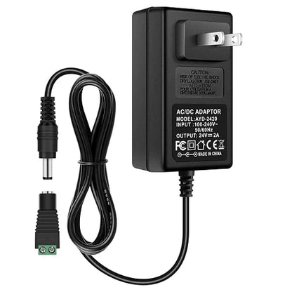 DC 24V Wall Plug LED Adapter 48W/72W, AC 100–240V Input Switching Wall Plug LED Adapter with US Plug, Black Housing - for LED Strip Lights and Electronics