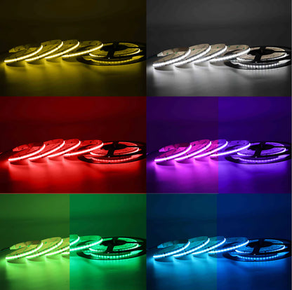 RGB Color Changing FCOB LED Strip Light | 5m (16.4ft) Roll | 576 / 840 LEDs per Meter | 12W / 18W | 12V / 24V | 10mm Wide | Dimmable Indoor IP20 | Flexible LED Ribbon (Strip or Complete Kit)