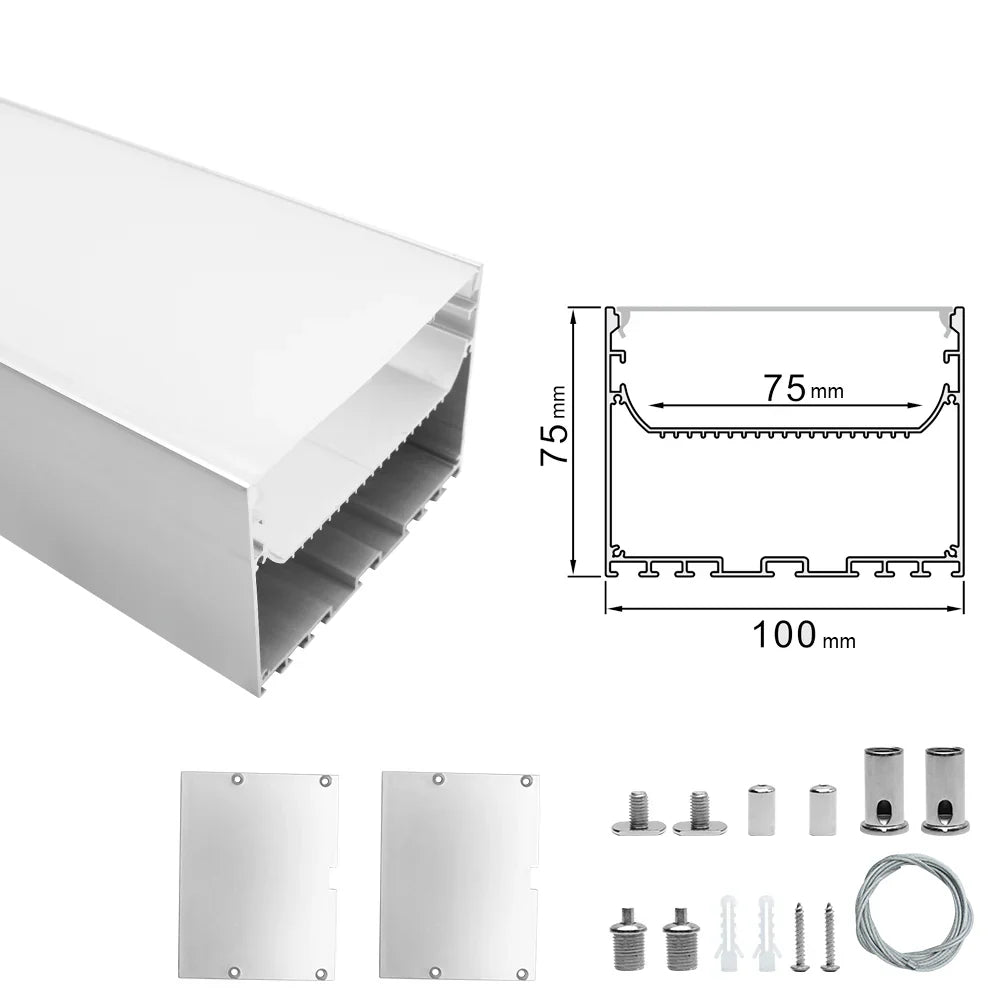 Wide Pendant LED Aluminum Profile Light H10075B – 75mm Inner Width | Silver Housing | Milky White Cover | With Installation Accessories | Suspension Mounting Linear Office Lighting | 1m / 2m Length | 10 / 20-Pack